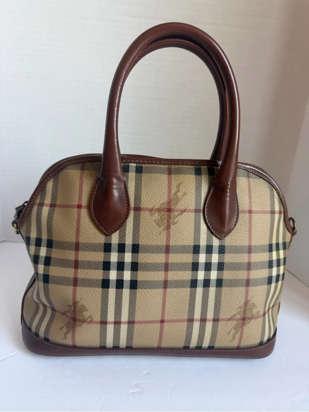 Burberry Tan Check Dome Satchel with Brown Leather Trim